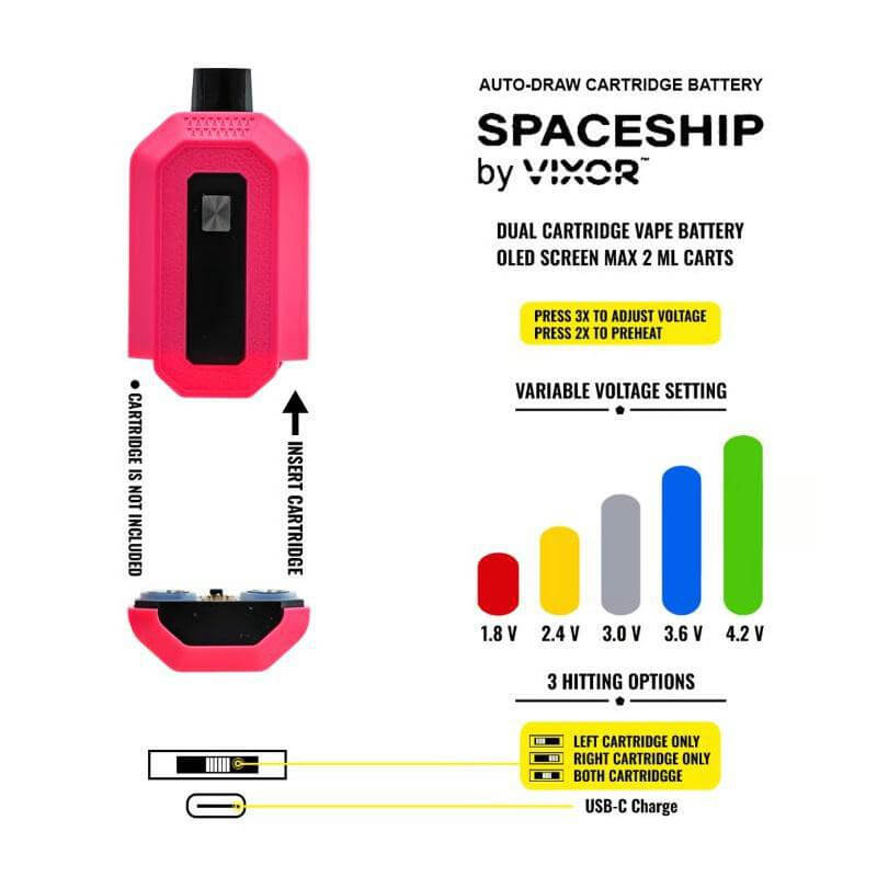 Spaceship Dual Cartridge Battery by Vixor, OLED screen, auto-draw vape, adjustable voltage, USB-C charge.