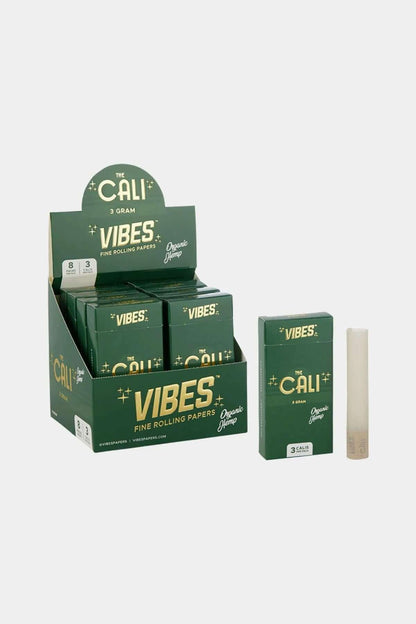 Vibes The Cali 3g Cone 3x pack display featuring Rice, Hemp, Organic Hemp, and Ultra Thin pre-rolled cones.