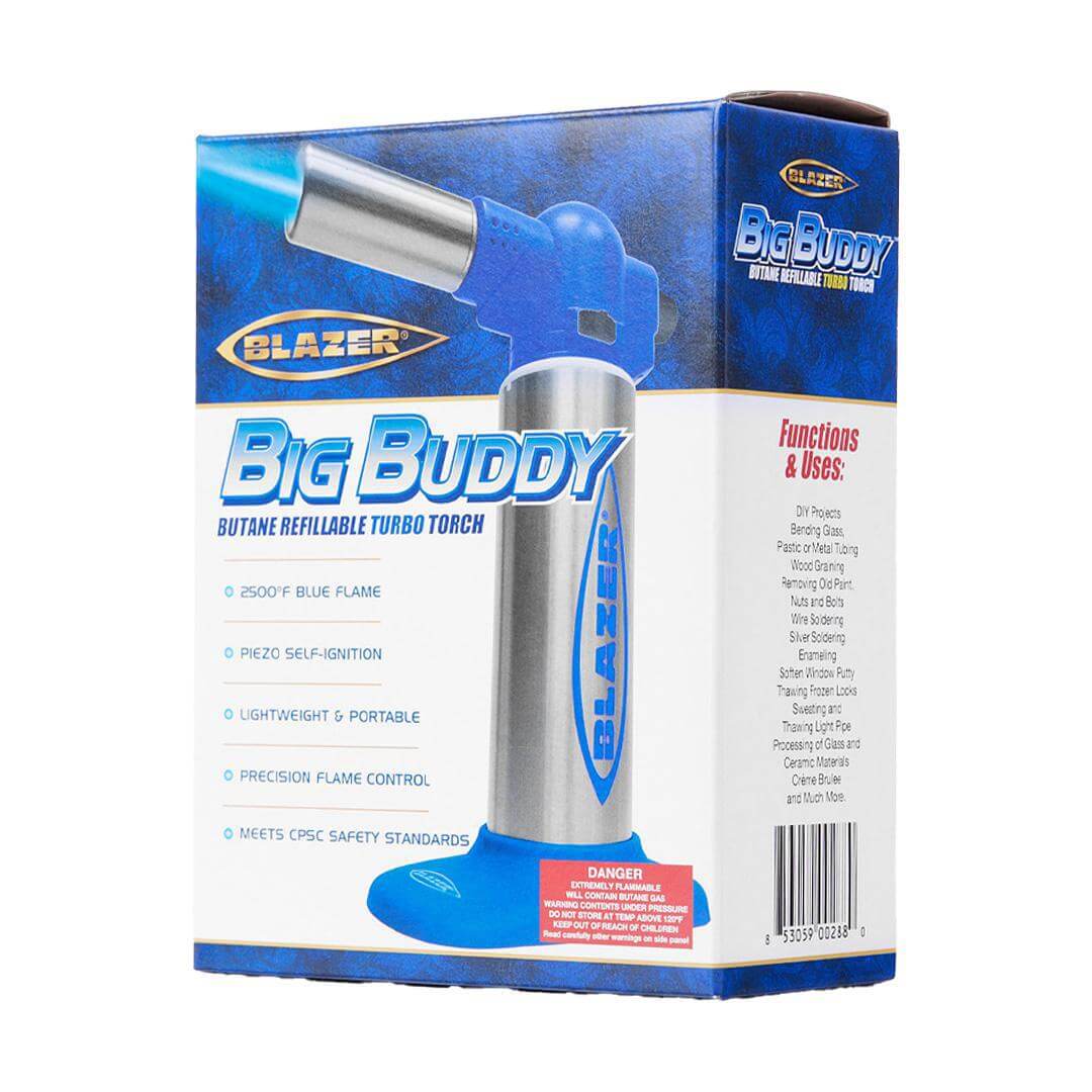 Blazer Big Buddy Butane Torch box showcasing features like blue flame, precision control, and refillable design.