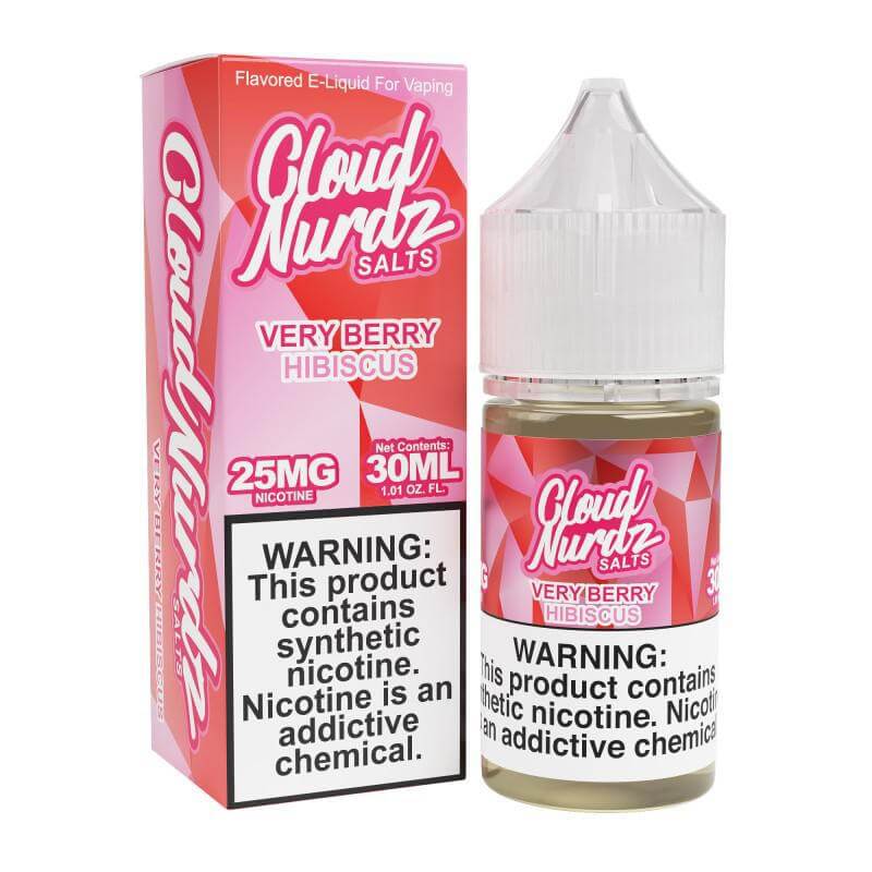 Cloud NURDZ 30ml Very Berry Hibiscus Salt Nicotine e-liquid packaging with warning label.