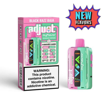 Adjust MyFlavor Disposable Nicotine Vape showcasing Black Razz Baja flavor with customizable settings.