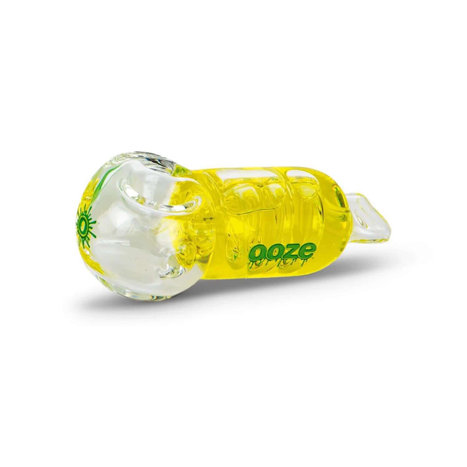 Ooze Cryo Freezable Glycerin Glass Hand Pipe in bright yellow and clear design for smooth, chilled smoking experience.