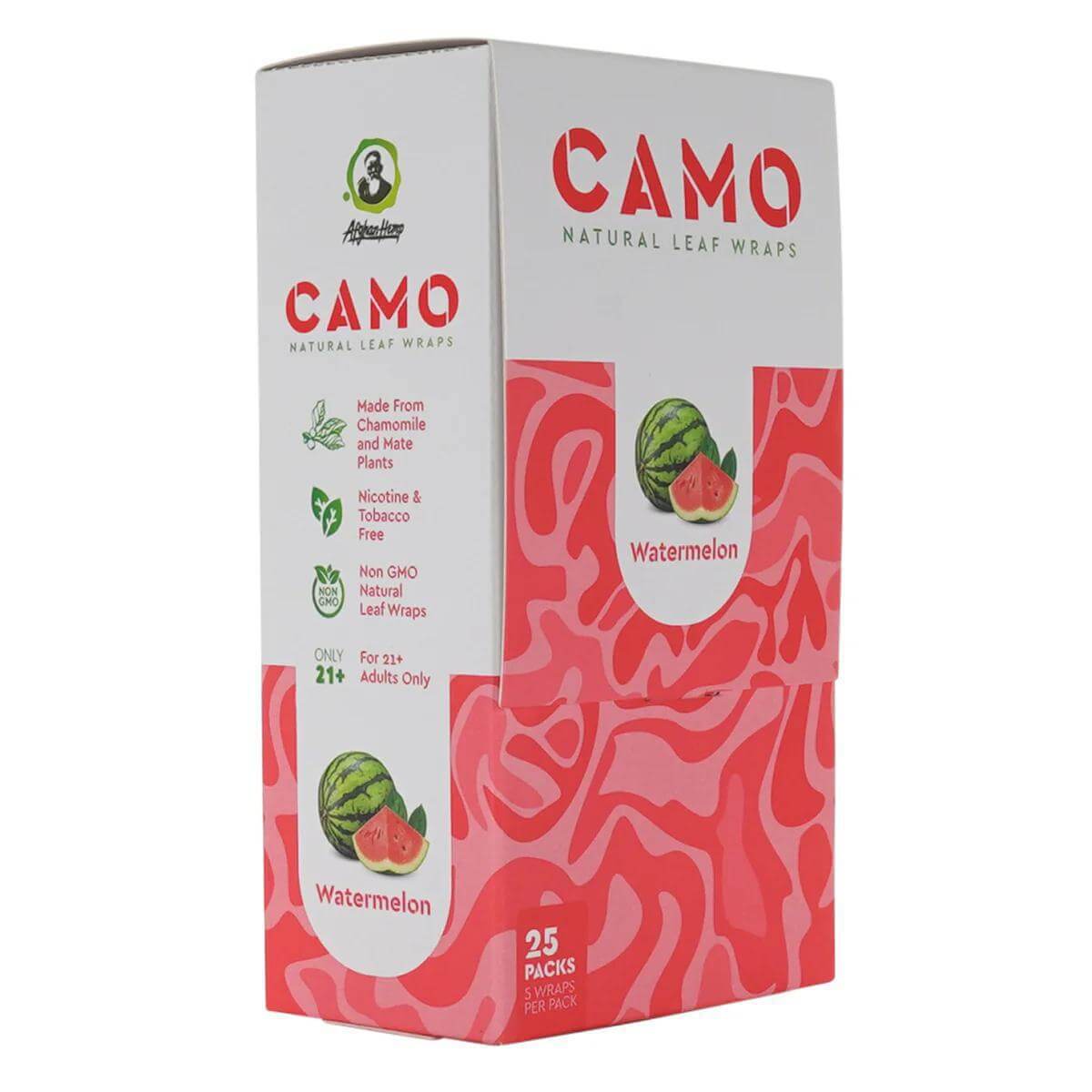 Camo Natural Leaf Wraps in Watermelon flavor, 25 packs, made from Chamomile and Mate, nicotine-free.