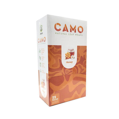 Camo Natural Leaf Wraps box featuring Honey flavor, 25 packs for a smooth, herbal smoking experience.