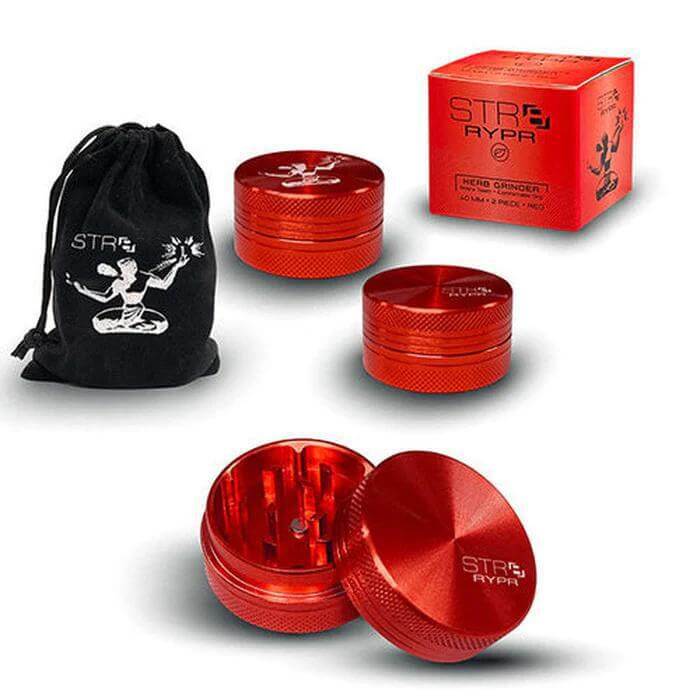 STR8 RYPR 40mm 2-piece herb grinder set featuring a sleek red design and carrying pouch for easy herb grinding.