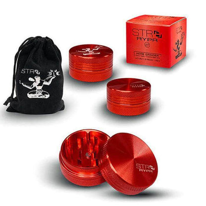 STR8 RYPR 40mm 2-piece herb grinder set featuring a sleek red design and carrying pouch for easy herb grinding.