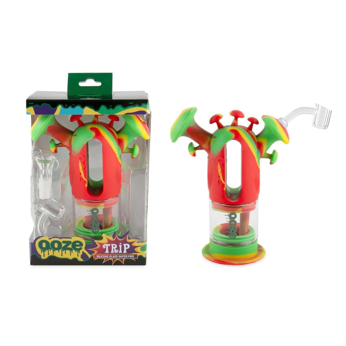 Ooze Trip Pipe Silicone Water Bubbler & Dab Rig in mushroom design with packaging, perfect for versatile smoking and dabbing.