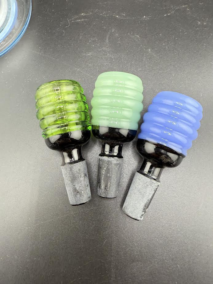 Colorful 14mm glass screen bowls in green, blue, and clear, ideal for smoking accessories and enhancing your glass setup.