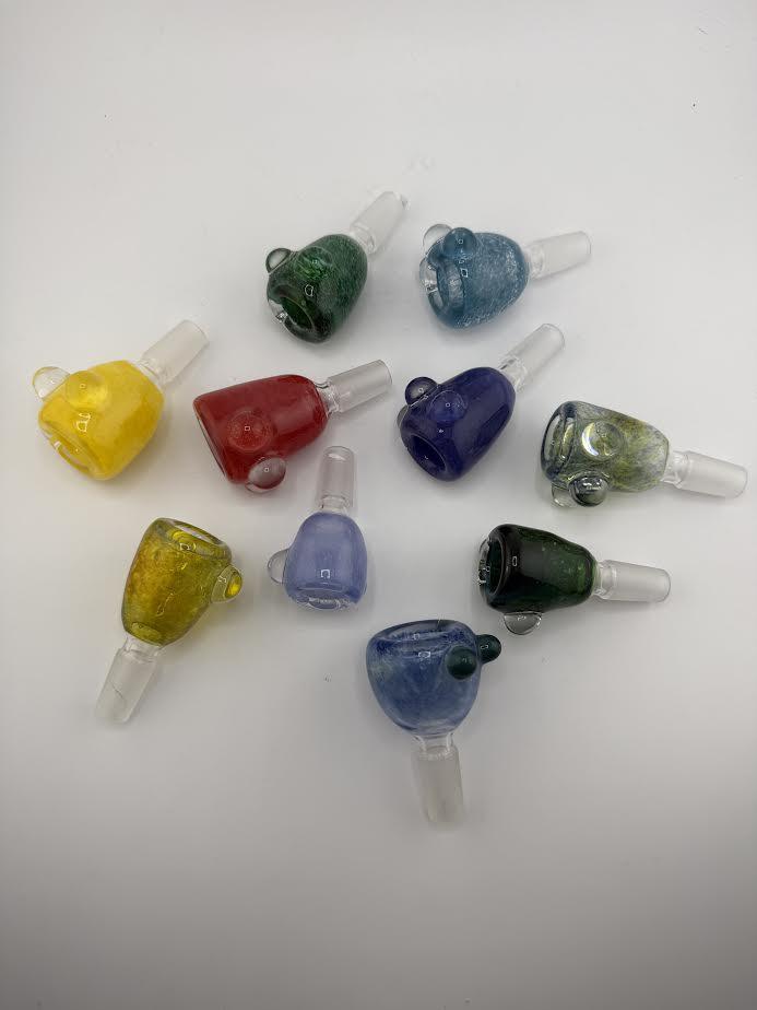 Colorful assortment of Crondo Glass frit bowls in various hues, showcasing unique handcrafted designs for 14mm pieces.