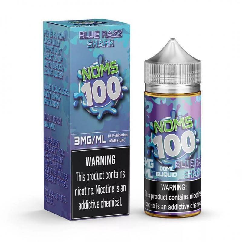 NOMS 100 Blue Razz Shark e-liquid bottle and box, 100ml, 3mg/ml nicotine for premium vaping experience.