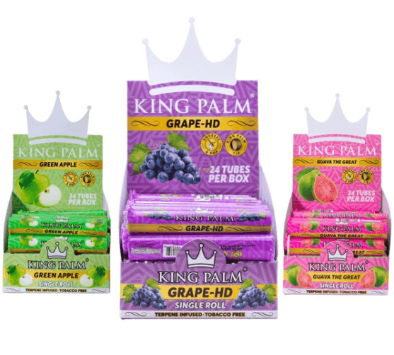 King Palm hemp wrap display featuring Grape HD, Guava the Great, and Green Apple flavors for a premium smoking experience.