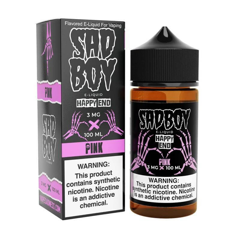 Sad Boy Happy End e-liquid 100ml bottle with box, featuring bold flavors for sub-ohm vaping, 3mg nicotine.