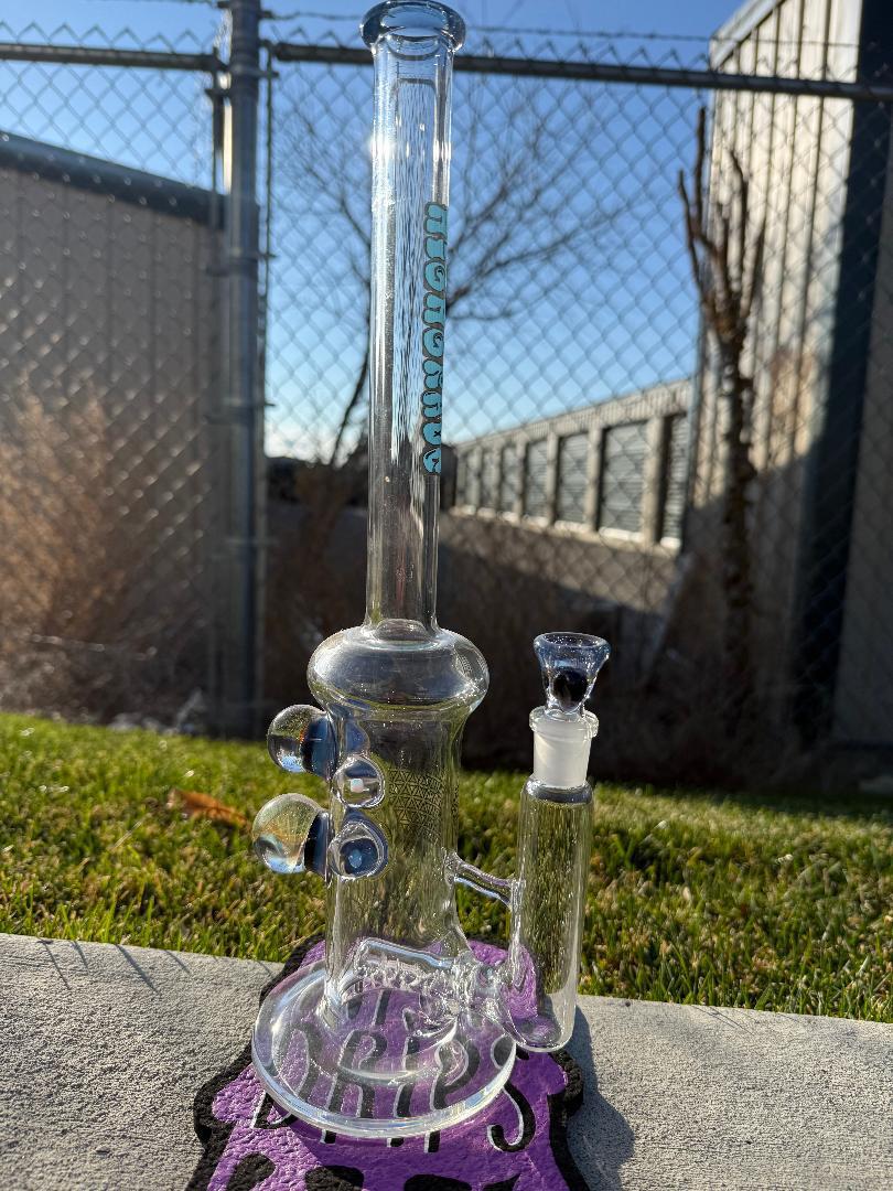 Highgrade Glass Flower Straight Tube - Blue Inline Perc w/ Filla Cello & Opal Attachments 14mm 90°