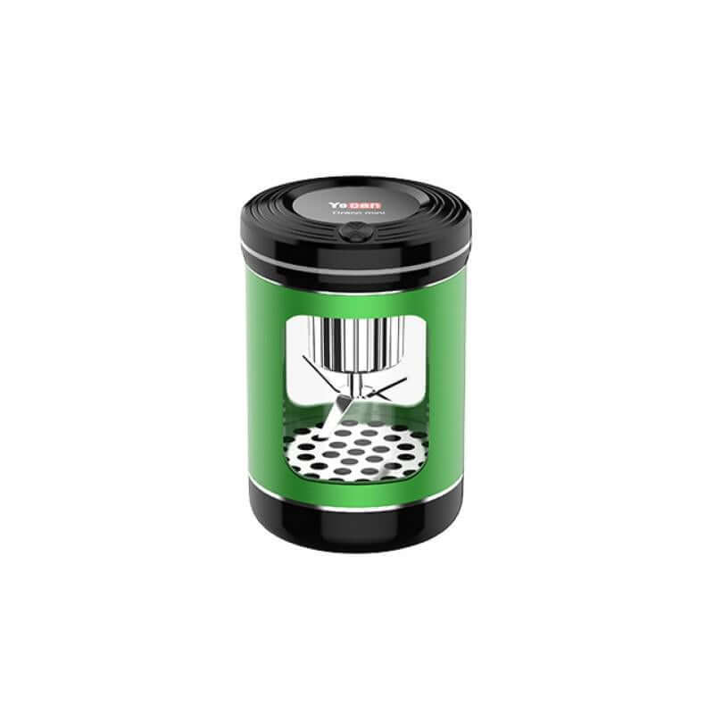 Yocan Draco Mini Electric Grinder in green, featuring metal body and Pyrex glass chamber for efficient herb grinding.