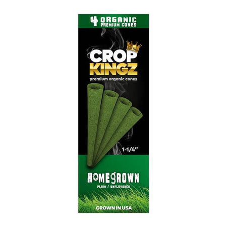 Crop Kingz Organic Hemp Cones 1 1/4 Size in green packaging, featuring 4 pre-rolled cones for a smooth smoking experience.