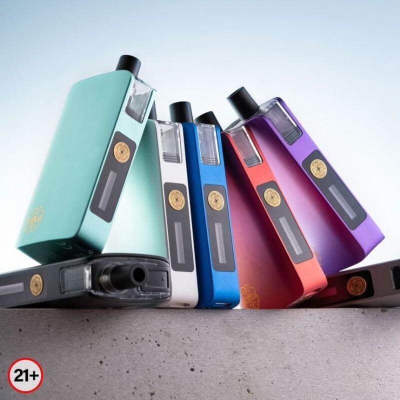 Colorful DotMod dotPod Max Kit devices displayed at an angle, showcasing variety and modern design for vaping enthusiasts.