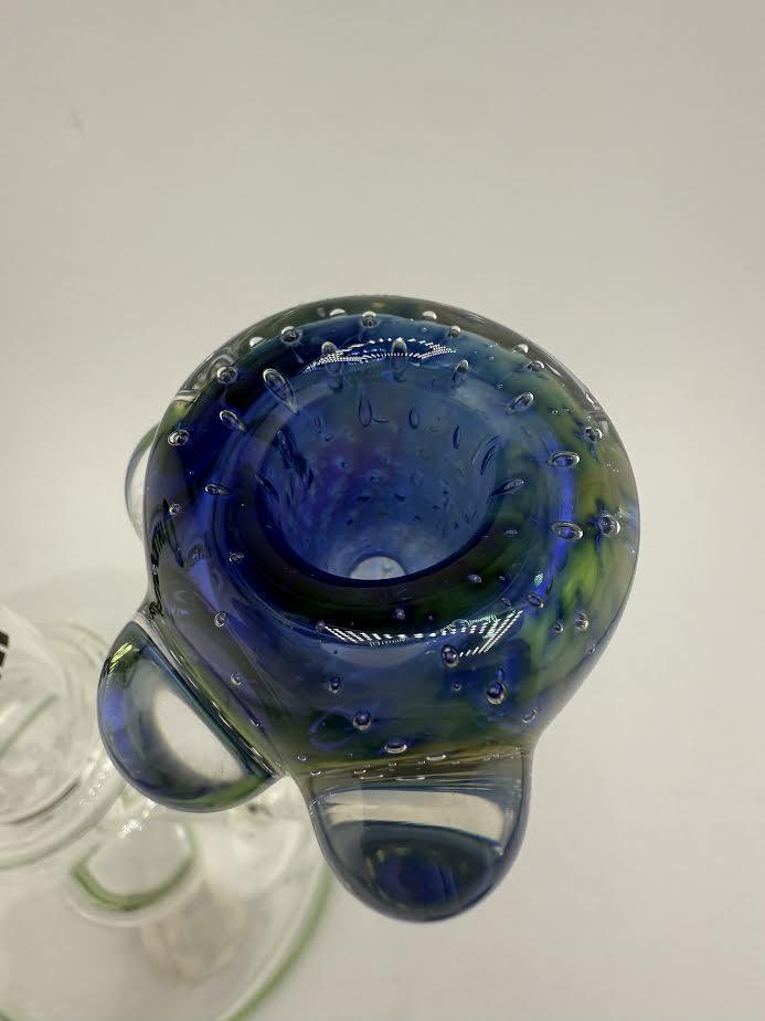 Crondo Glass Fumed Bubble Trap Bowl 14mm with blue and green fume work and air bubbles, showcasing unique texture.