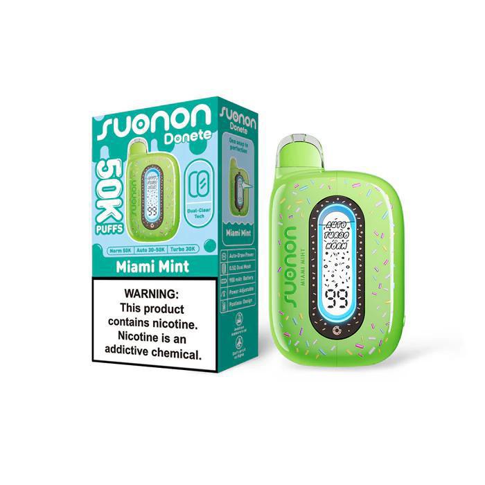 Suonon Donete 50k Disposable Vape in Miami Mint flavor with packaging and warning label