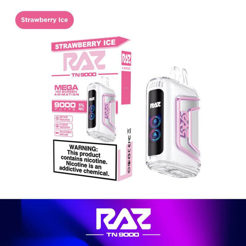 Raz TN9000 Disposable Nicotine Vape in Strawberry Ice flavor, featuring sleek design and performance specs.