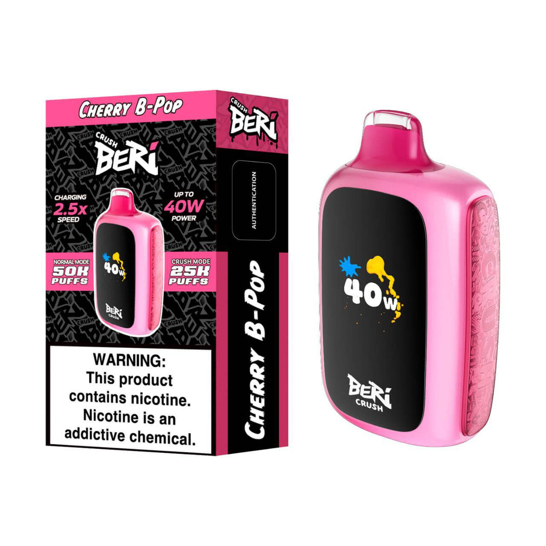 BERI CRUSH Disposable Vape device with Cherry B-Pop flavor, delivering 50,000 puffs and up to 40W power.