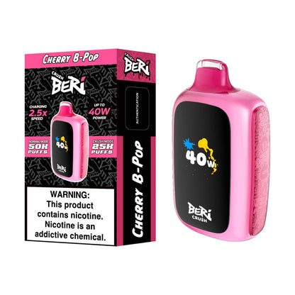 BERI CRUSH Disposable Vape device with Cherry B-Pop flavor, delivering 50,000 puffs and up to 40W power.