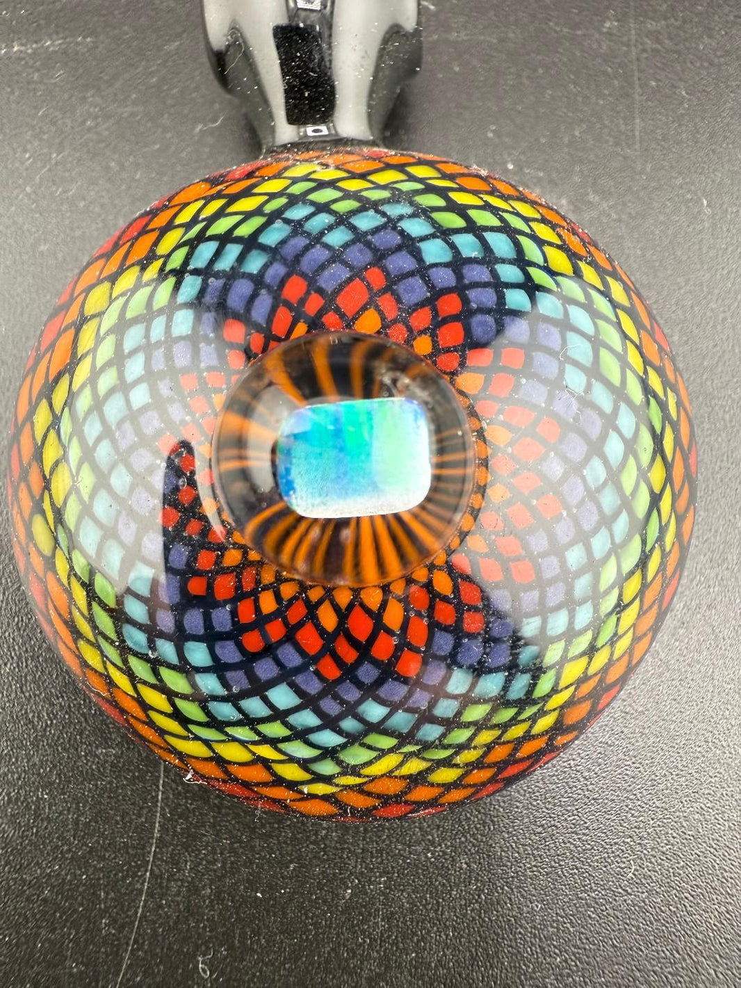 Top view of Mcdoogle Glass Rainbow Fillacello Pendant showcasing vibrant colors and intricate pattern.
