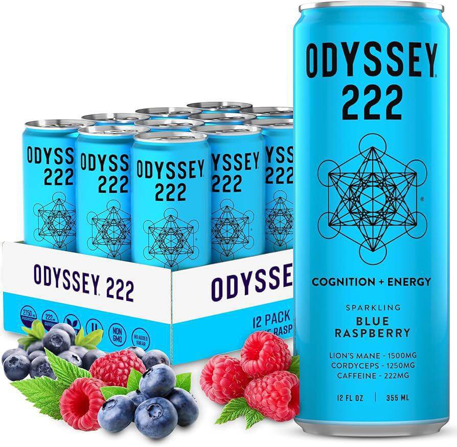 Odyssey 222 Sparkling Blue Raspberry Energy Drink, 12-pack with Lion's Mane, Cordyceps, and 222mg caffeine.