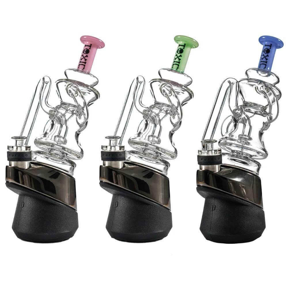 Toxic Glass TXAT15 Recycler attachment for Puffco, featuring superior filtration and colorful accents.