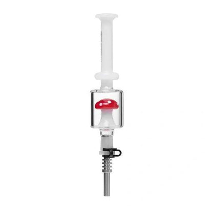 Red Human Grade Shroom Nectar Collector, handmade borosilicate glass, 9.5" with mushroom-shaped shower perc.