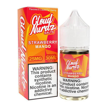 Cloud Nurdz Salt Nicotine e-liquid 30ml bottle with Strawberry Mango flavor and 25MG strength