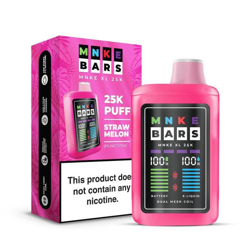 MNKE Bars XL 25K Puff Disposable Vape in Strawberry Melon flavor, 0% nicotine, featuring vibrant packaging and dual mesh coil.