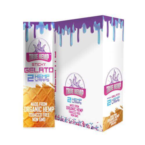 True Hemp Sticky Gelato 2pc Hemp Wraps, organic, tobacco-free, and non-GMO for a smooth smoking experience.