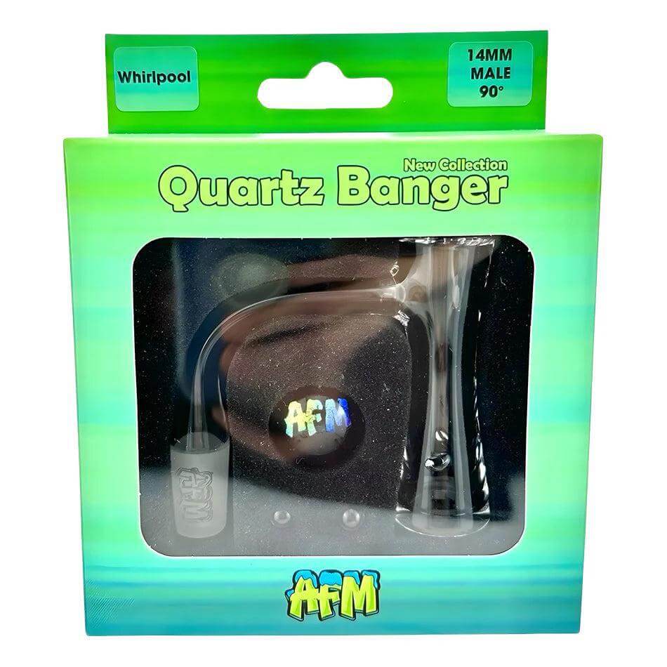 AFM Whirlpool Quartz Banger Auto Spinner packaging with 14mm male joint and clear design for precision dabbing.