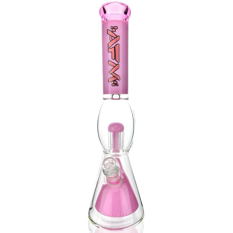 AFM Glass TX681 UFO Pyramid Perc 16" beaker bong with pink accents and 8-arm smoke filtration for smoother hits.