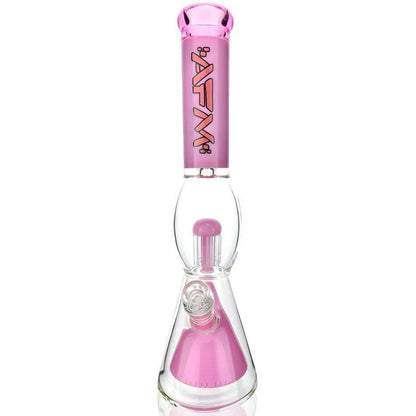 AFM Glass TX681 UFO Pyramid Perc 16" beaker bong with pink accents and 8-arm smoke filtration for smoother hits.