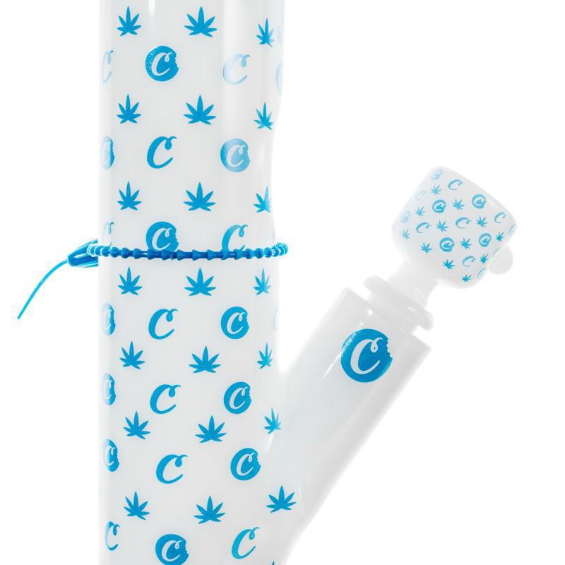 Cookies V Straight Water Pipe in premium white borosilicate glass with blue cookie and leaf design.