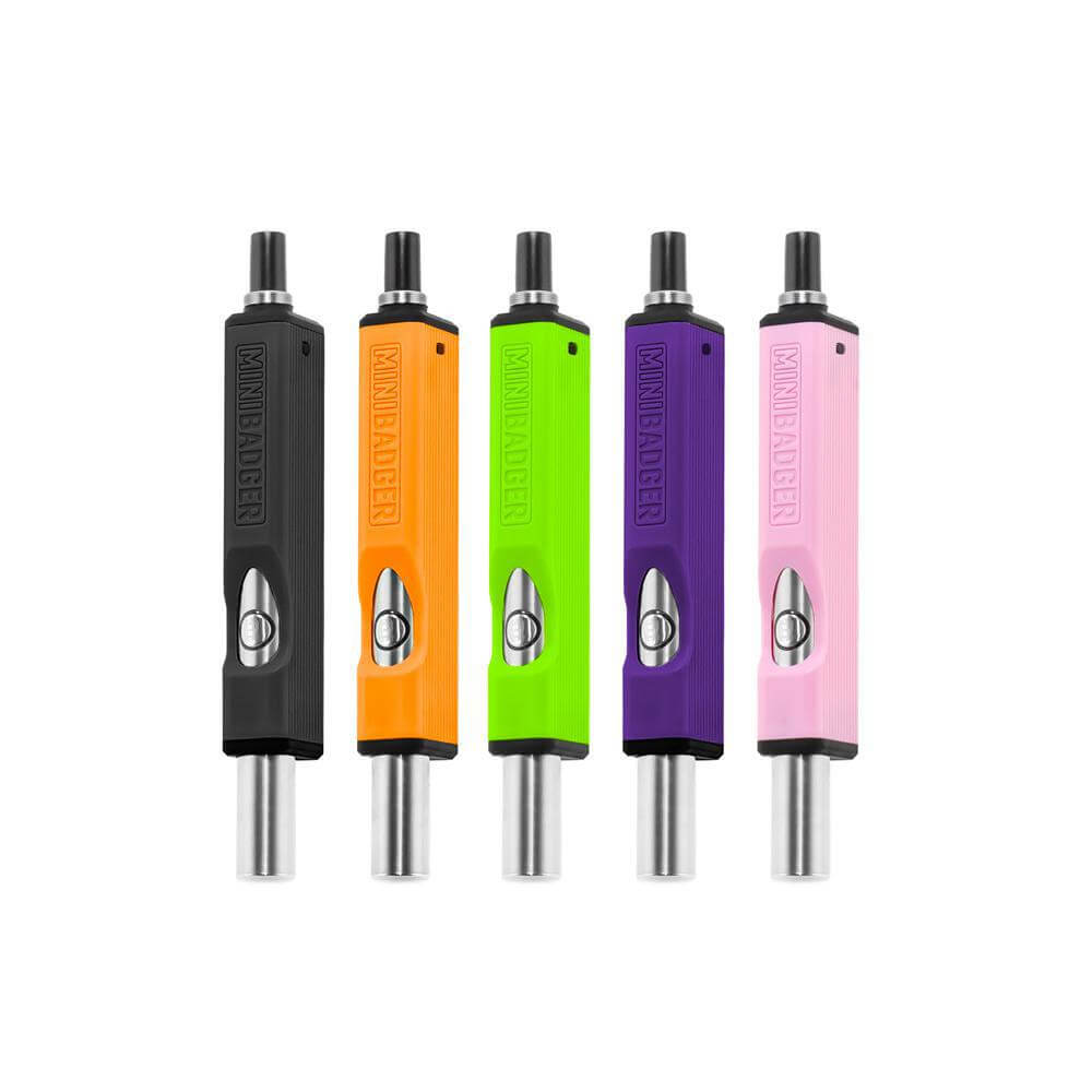 Huni Badger Portable Device Mini in five vibrant colors: black, orange, green, purple, and pink, showcasing a compact design.