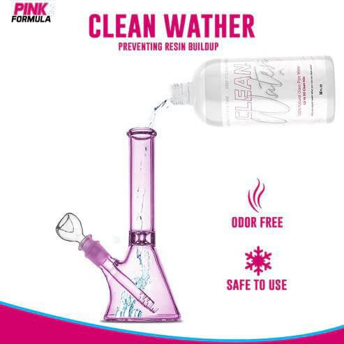 Pink Formula Clean Water being poured into a bong, promoting odor-free and safe smoking sessions.