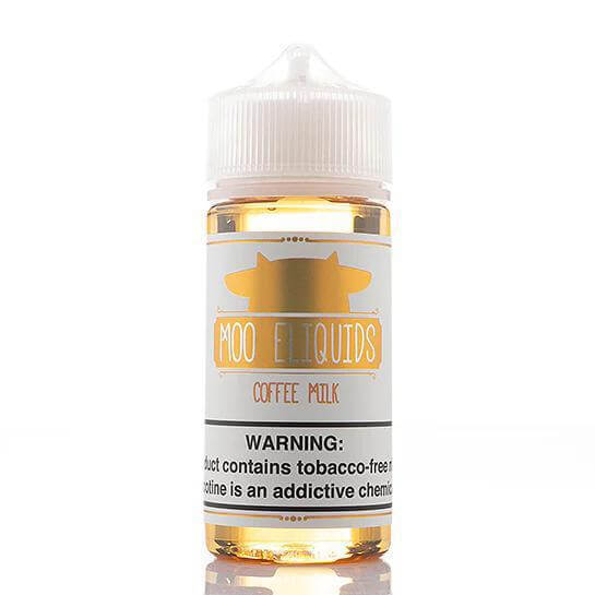 Moo Eliquids Coffee Milk 100ml bottle, showcasing tobacco-free e-liquid for vaping enthusiasts.