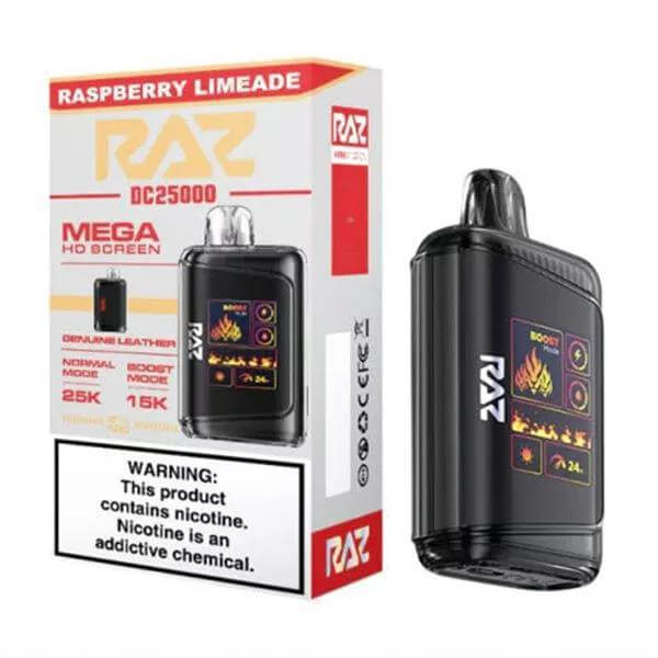 Raz 25 Disposable Nicotine Vape Raspberry Limeade flavor with HD screen and warning label for nicotine content.