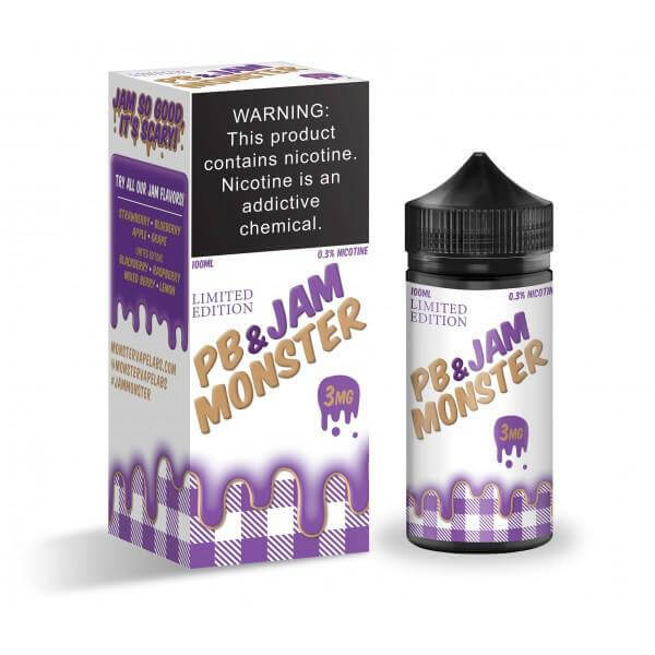 Jam Monster PB & Jam e-liquid 100ml bottle, 3mg nicotine, featuring eye-catching packaging and warning label.