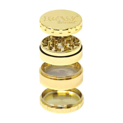 RAW Ethereal Gold-Plated Grinder 60mm 4-piece, showcasing premium stainless steel for effortless grinding.