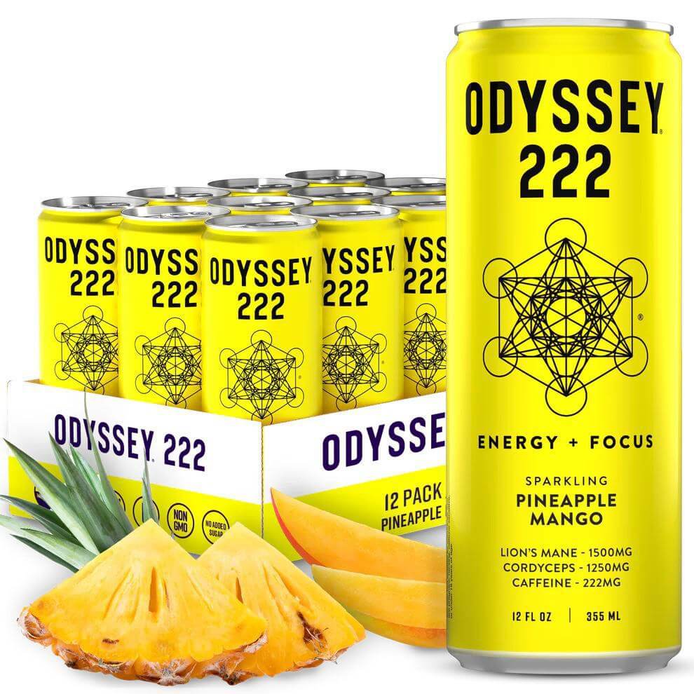 Odyssey 222 Pineapple Mango sparkling energy drink with 12-pack, featuring caffeine and functional ingredients.