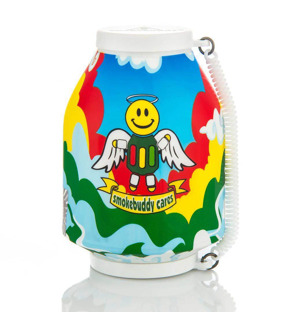 Smokebuddy Original Personal Air Filter featuring a colorful design with a smiling character and the text 'smokebuddy cares'.
