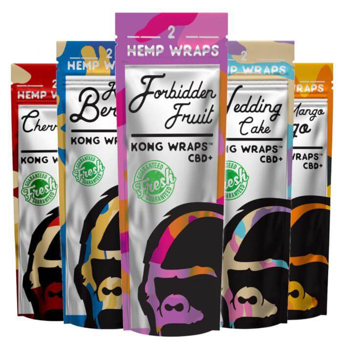 Kong Wraps Hemp Wraps in various flavors including Forbidden Fruit, Cherry, and Wedding Cake, presented in vibrant packaging.