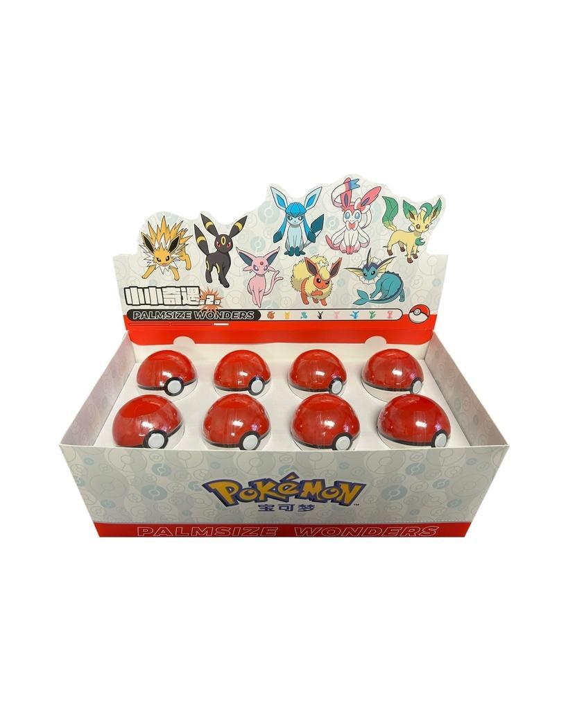 Pokémon palmsize Poké Ball collectibles display featuring Eeveelutions and red Poké Balls in a factory-sealed box.