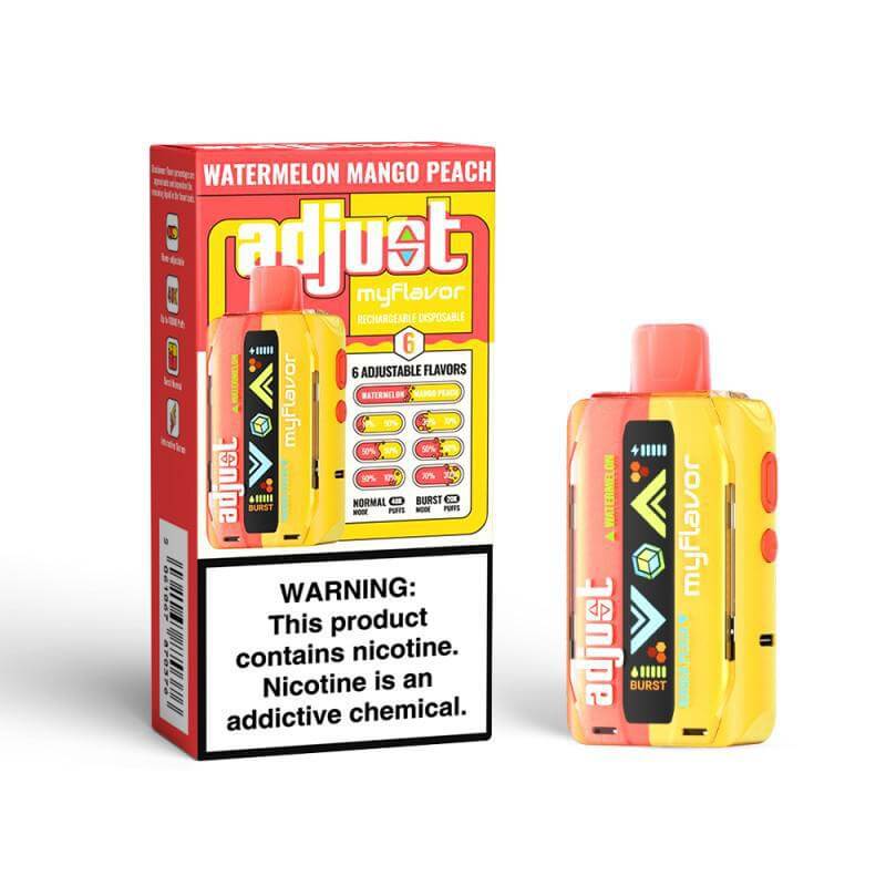 Adjust MyFlavor Disposable Nicotine Vape in Watermelon Mango Peach flavor with customizable settings.