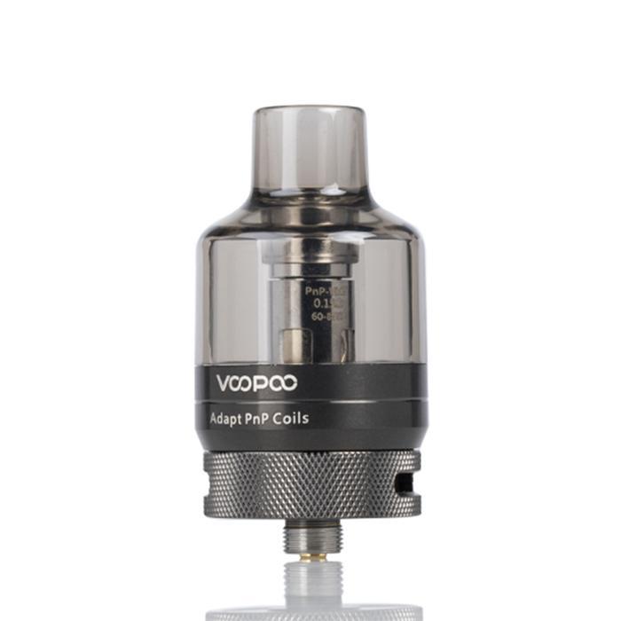 VooPoo PNP Pod Tank in stainless steel, designed for high vapor production and flavor, featuring a 5.5ml capacity.