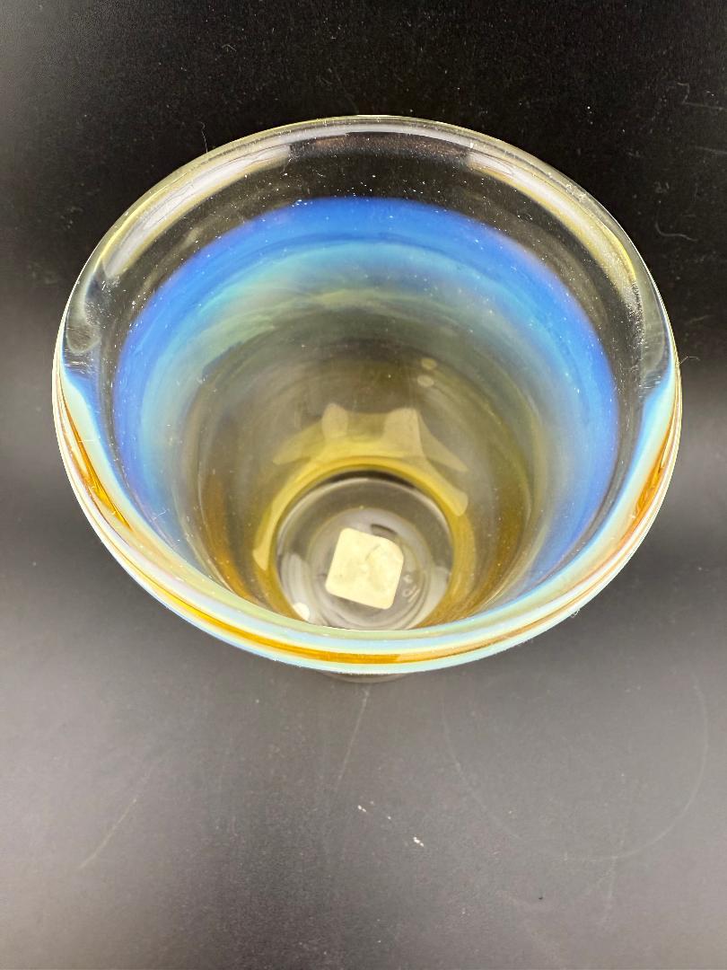 Unknown American Artist 16oz Fumed Cup showing vibrant blue and yellow fumed glass patterns from above.