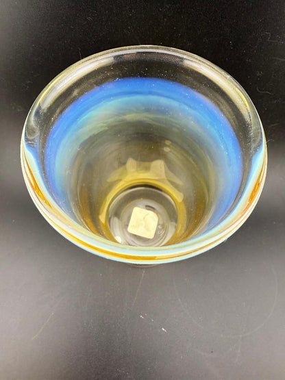 Unknown American Artist 16oz Fumed Cup showing vibrant blue and yellow fumed glass patterns from above.